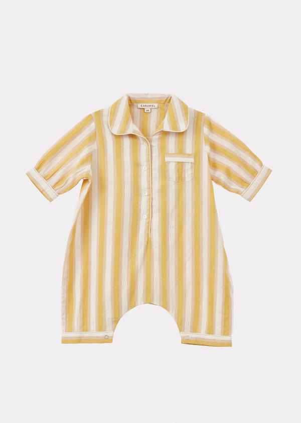 caramel BABY HANDWOVEN COTTON PYJAMAS - YELLOW STRIPE