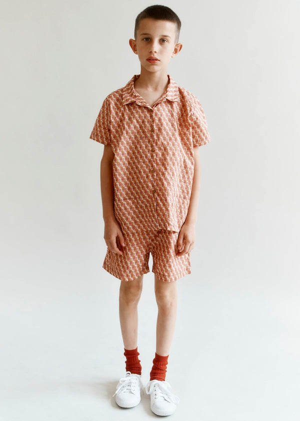 Caramel BAMBOO CHILDREN'S SHIRT AND SHORTS SET - MAUVE GEO PRINT