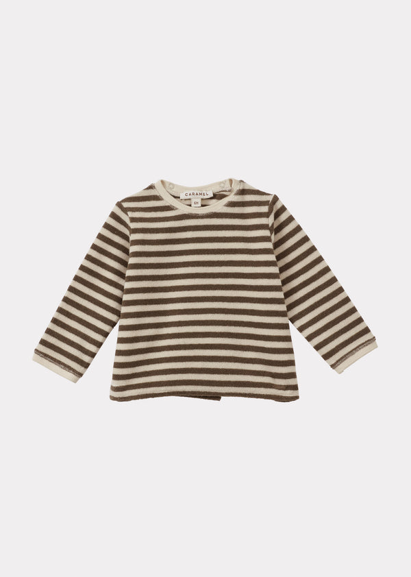 Caramel BARNES BABY T-SHIRT AND TROUSERS TOWELLING SET - KHAKI AND ECRU STRIPE