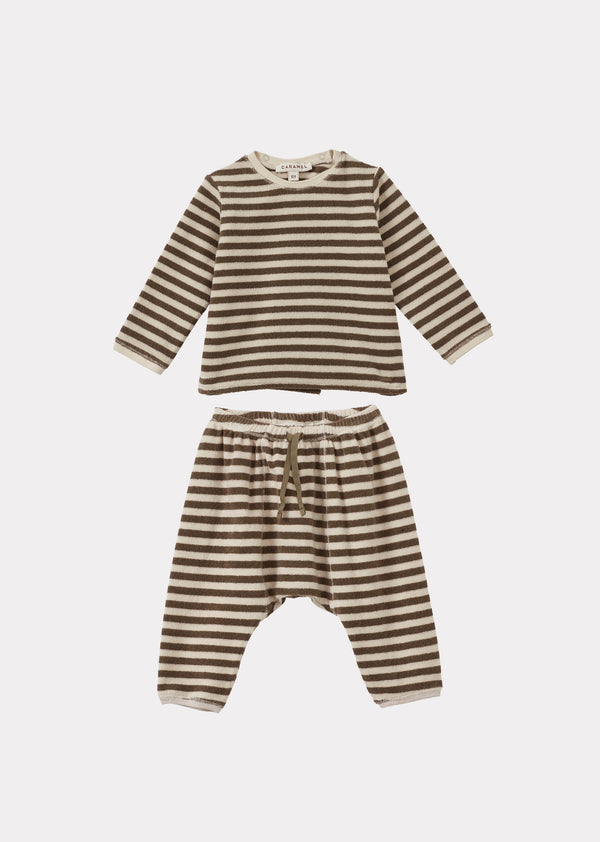 caramel BARNES BABY T-SHIRT AND TROUSERS TOWELLING SET - KHAKI AND ECRU STRIPE