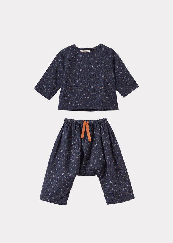 caramel BLACKBIRD BABY COTTON AND LINEN TOP AND TROUSERS SET - PIXEL PRINT