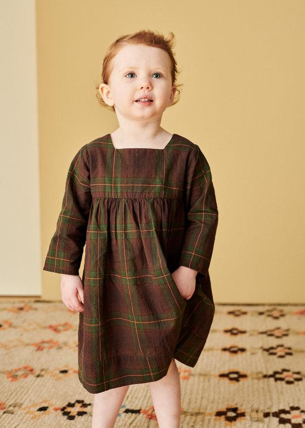 Caramel EARTH BABY COTTON DRESS - BROWN/GREEN TARTAN