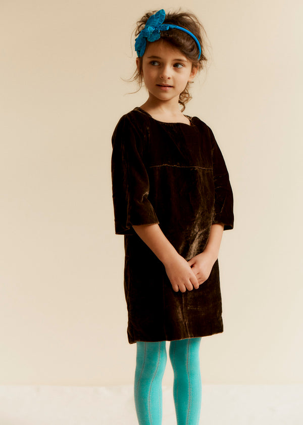 caramel HEBE GIRL'S VELVET DRESS - CHOCOLATE