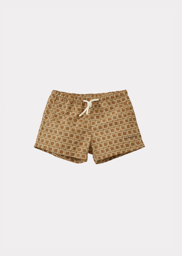 caramel KOHLRABI BABY SWIM SHORTS - BROWN GEO PRINT