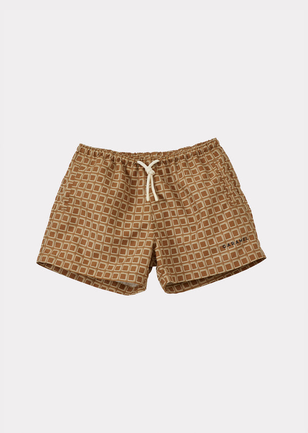 caramel KOHLRABI BOY'S SWIM SHORTS - BROWN GEO PRINT