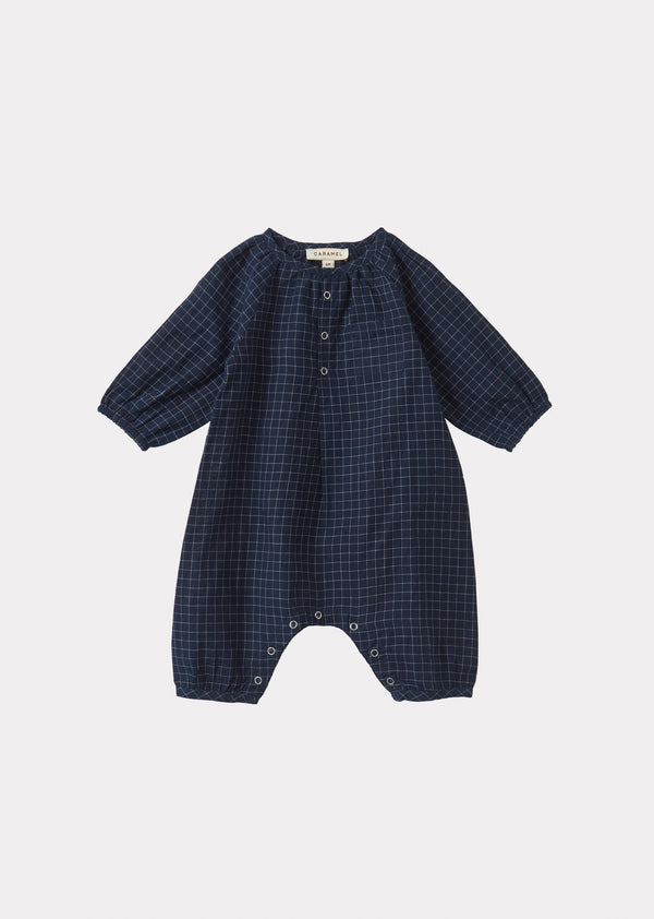 caramel POPULUS BABY COTTON ROMPER - NAVY CHECK
