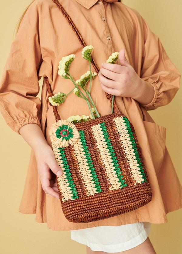 Caramel RAFFIA CROCHET BAG - BROWN/GREEN