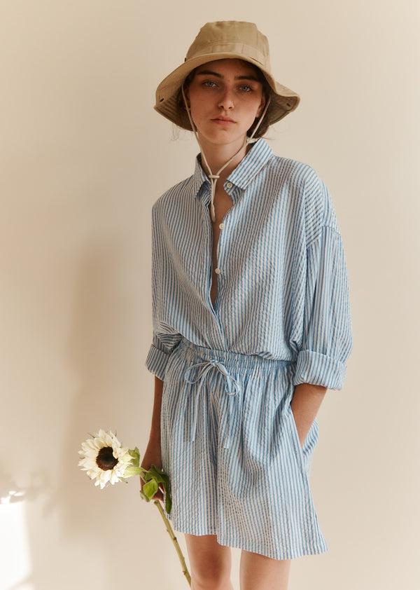 Caramel WOMEN'S A-LINE SHIRT - NAVY BLUE STRIPE