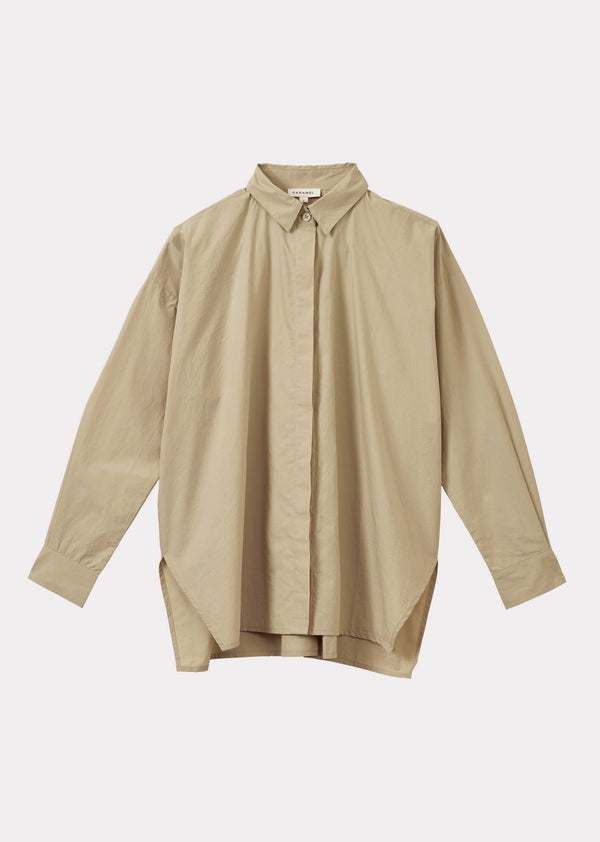caramel WOMEN'S COTTON TWILL A-LINE SHIRT - ECRU