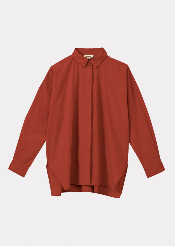 caramel WOMEN'S COTTON TWILL A-LINE SHIRT - RUST