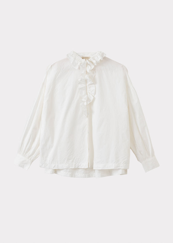caramel WOMEN'S FRILL COLLAR COTTON BLOUSE - WHITE
