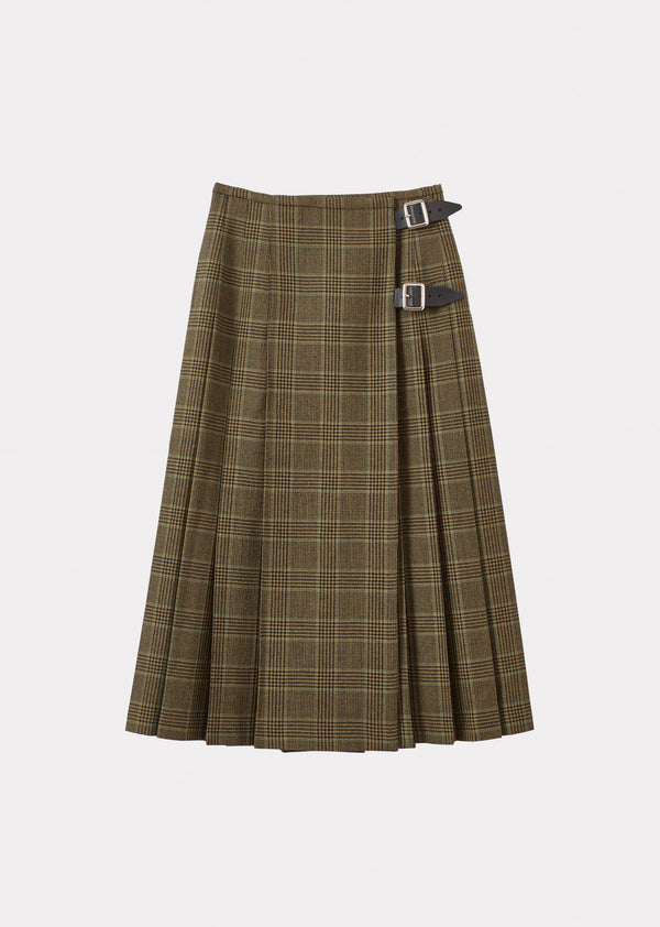 caramel WOMEN'S WOOL KILT - GREY / GREEN TARTAN