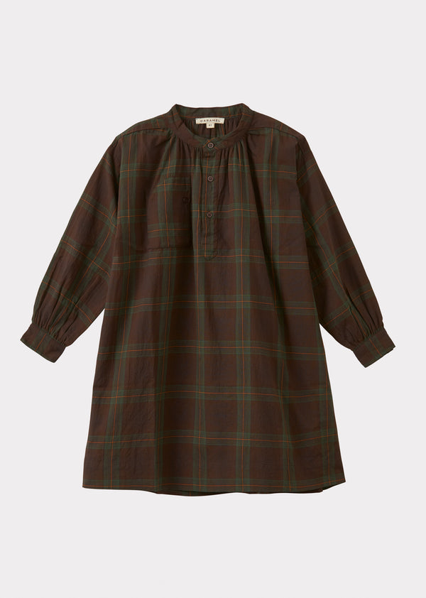 caramel YEW GIRL'S COTTON DRESS - BROWN / GREEN TARTAN
