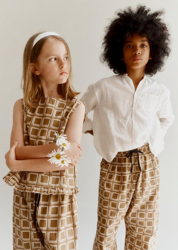 Caramel CLARENCE GIRL'S COTTON POPLIN TOP - BROWN GEO PRINT