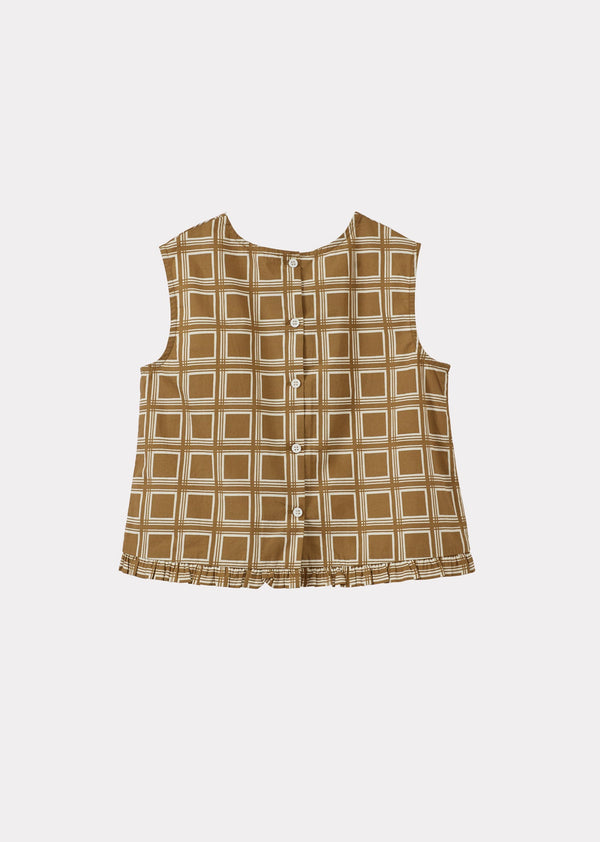 Caramel CLARENCE GIRL'S COTTON POPLIN TOP - BROWN GEO PRINT