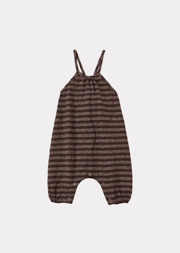 caramel ELODIE BABY COTTON ROMPER - BROWN / NAVY / ECRU STRIPE