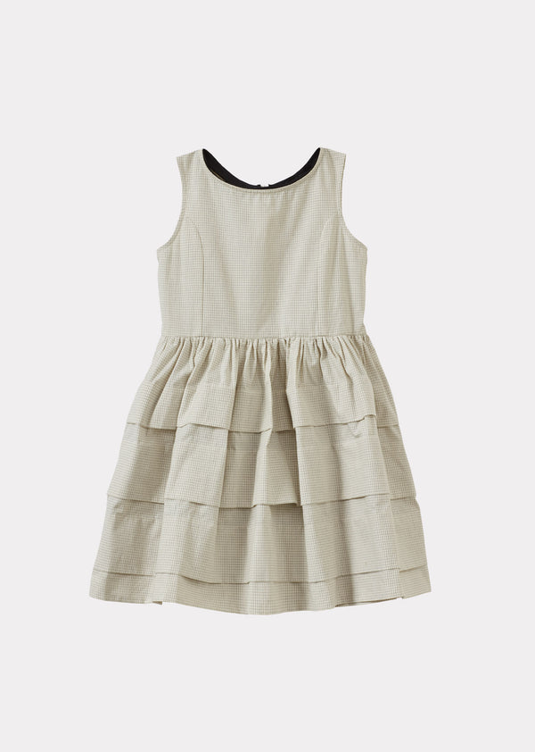 caramel ETTA GIRL'S COTTON DRESS - OFF-WHITE / BLACK MICRO-CHECK
