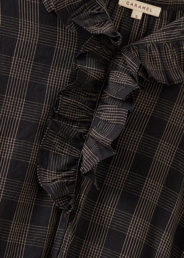 Caramel FRILL COLLAR WOMEN'S DRESS - BLACK / ECRU CHECK