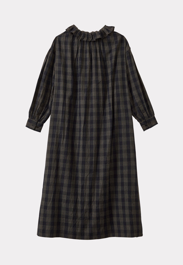 Caramel FRILL COLLAR WOMEN'S DRESS - BLACK / ECRU CHECK