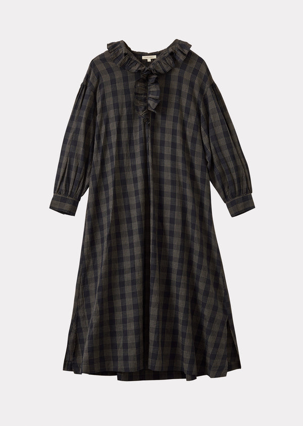 caramel FRILL COLLAR WOMEN'S DRESS - BLACK / ECRU CHECK