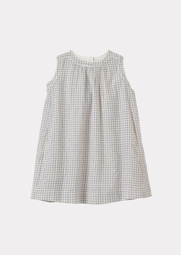 caramel GINGER GIRL'S COTTON DRESS - WHITE / NAVY CHECK