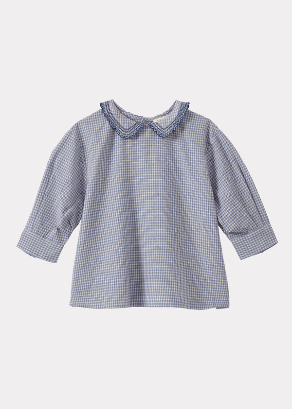 caramel HARPER CHILDREN'S COTTON BLOUSE - BLUE MICRO CHECK