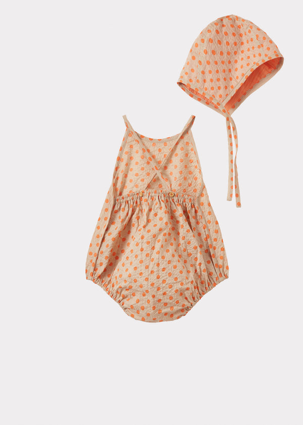 Caramel LAVENDULA BABY MIRACLE WEAVE COTTON ROMPER & BONNET SET - ORANGE POLKA DOT