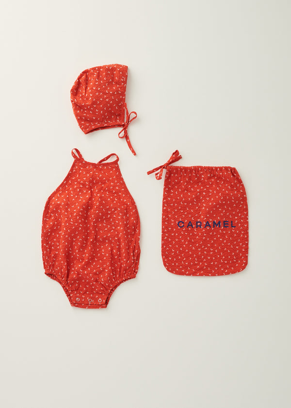 caramel LAVENDULA BABY MIRACLE WEAVE COTTON ROMPER & BONNET SET - POPPY RED
