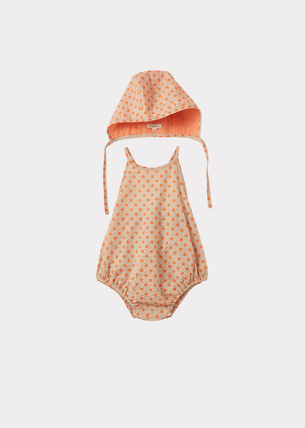 caramel LAVENDULA BABY MIRACLE WEAVE COTTON ROMPER & BONNET SET - ORANGE POLKA DOT