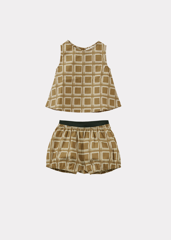 caramel LETTUCE BABY COTTON POPLIN TOP AND SHORTS SET - BROWN GEO PRINT