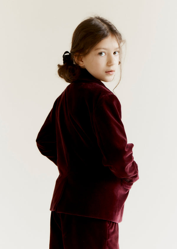 Caramel MAGPIE CHILDREN'S COTTON VELVET BLAZER - BURGUNDY