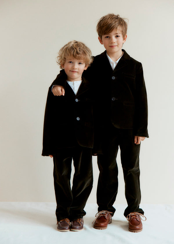 caramel MAGPIE CHILDREN'S COTTON VELVET BLAZER - FOREST GREEN