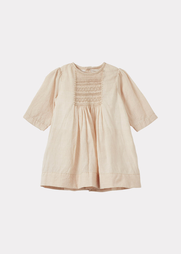 Caramel MARS BABY GIRL'S COTTON HAND-SMOCKED DRESS - TEA