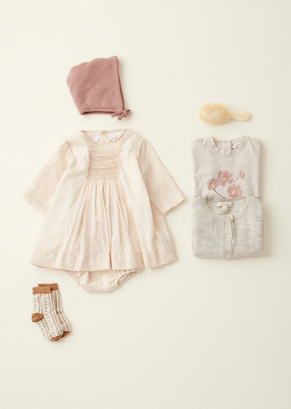 Caramel MARS BABY GIRL'S COTTON HAND-SMOCKED DRESS - TEA