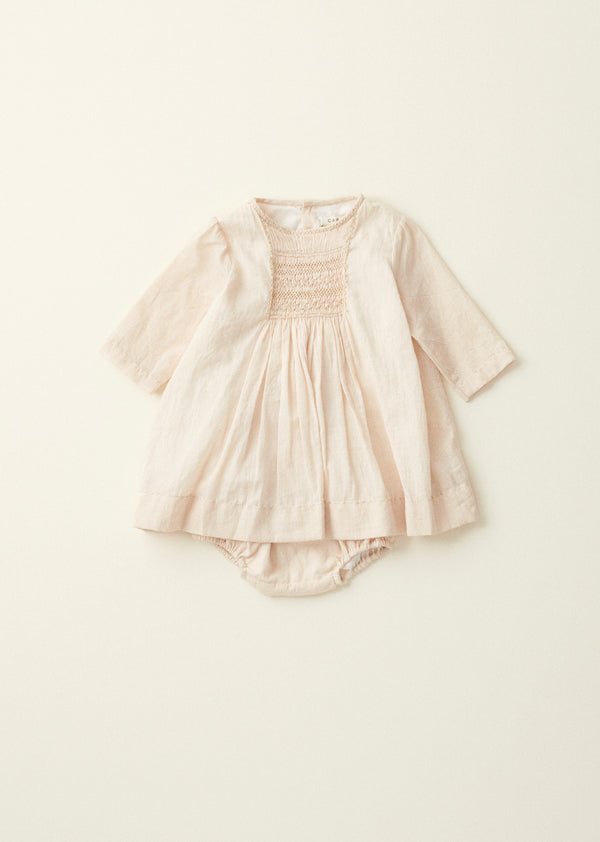 caramel MARS BABY GIRL'S COTTON HAND-SMOCKED DRESS - TEA