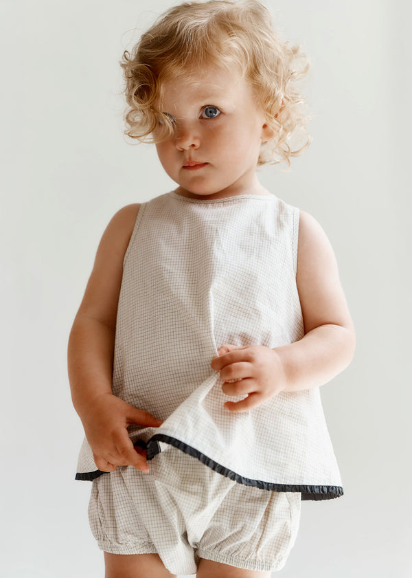 caramel MIRAN BABY TOP AND BLOOMERS SET - OFF-WHITE / BLACK MICRO-CHECK