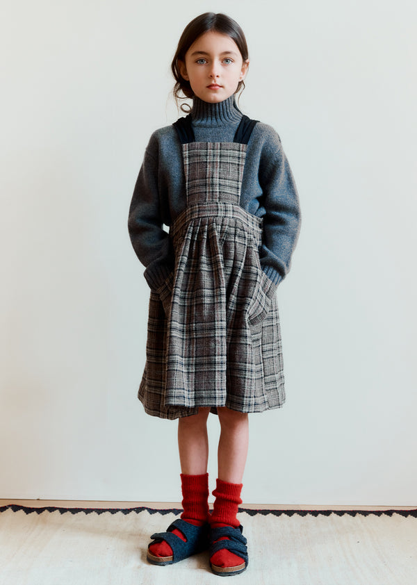 Caramel PEPPERMINT CHILDREN'S WOOL & LINEN DRESS - BROWN / BLACK CHECK