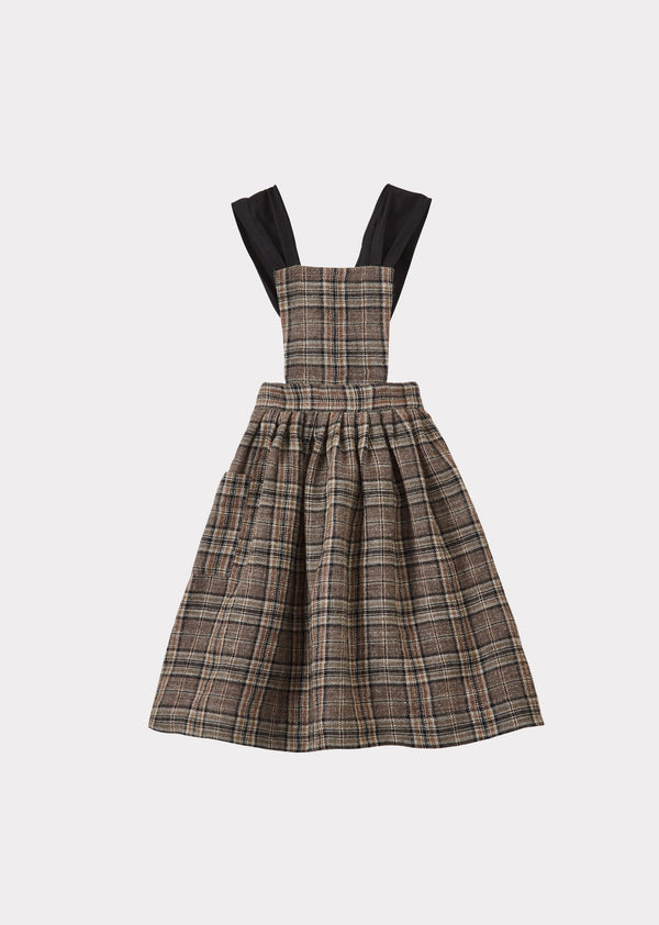 caramel PEPPERMINT CHILDREN'S WOOL & LINEN DRESS - BROWN / BLACK CHECK