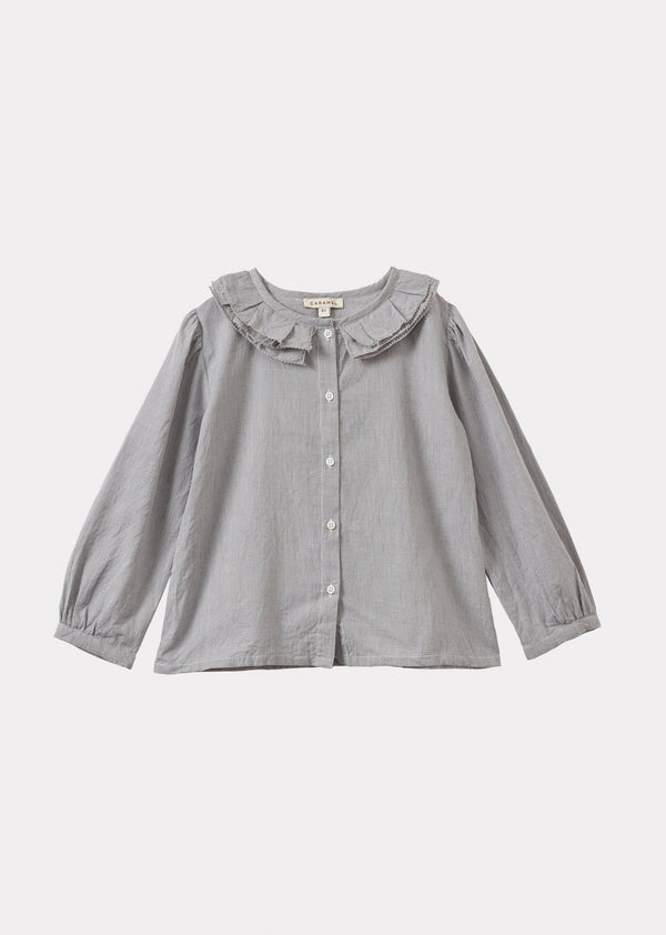 caramel PHOEBE CHILDREN'S HAND-LOOMED COTTON BLOUSE - GREY MICRO-CHECK