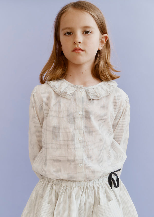 Caramel PHOEBE CHILDREN'S HAND-LOOMED COTTON BLOUSE - WHITE / BLACK CHECK