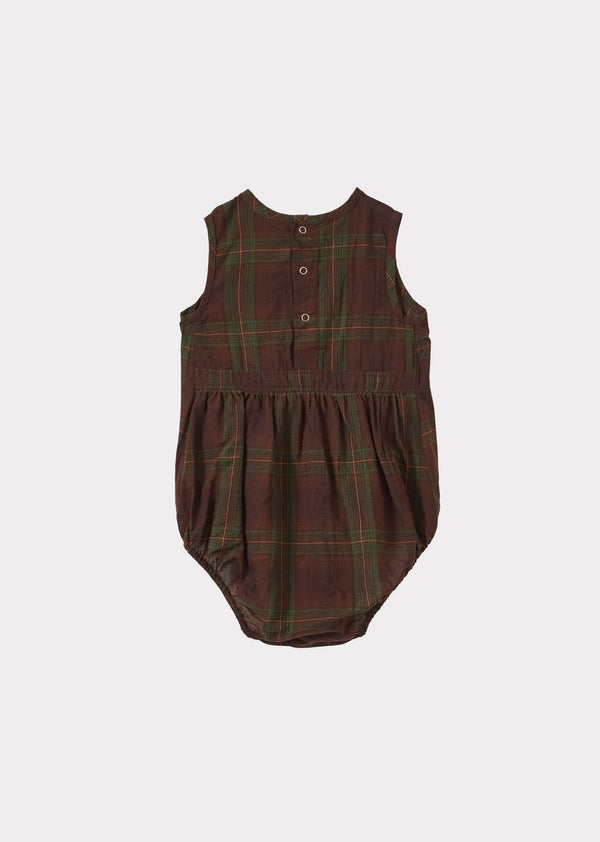Caramel PILEA BABY COTTON ROMPER - BROWN / GREEN TARTAN