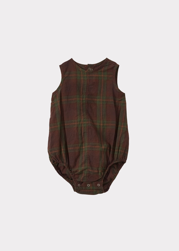 caramel PILEA BABY COTTON ROMPER - BROWN / GREEN TARTAN