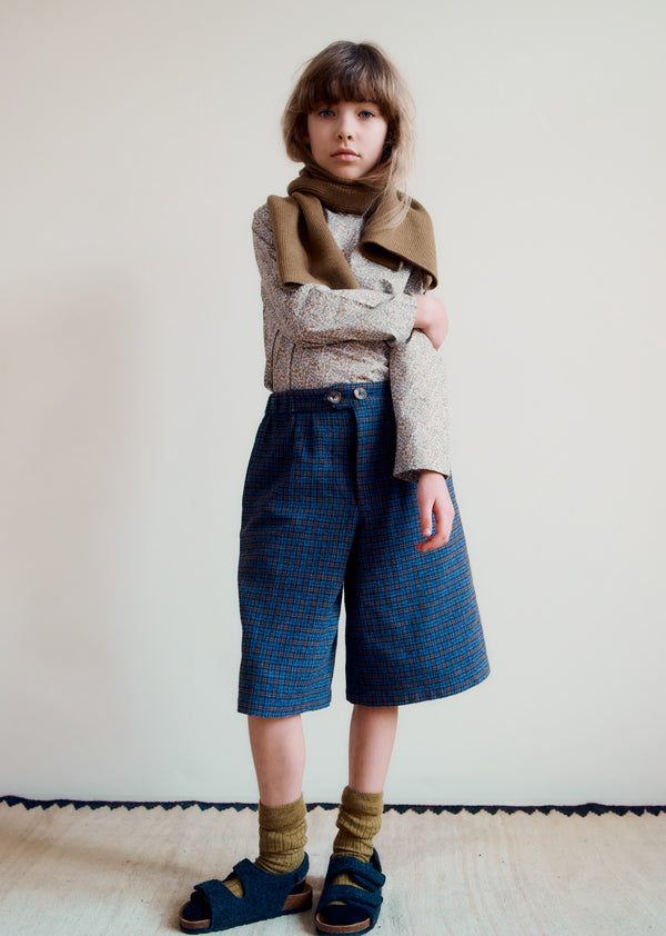 Caramel TARRAGON CHILDREN'S COTTON TWEED SHORTS - BLUE CHECK TWEEDY