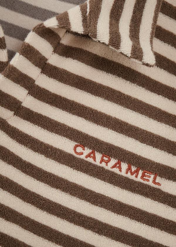 Caramel TOBIAS CHILDREN'S COTTON TOWELLING TOP - KHAKI AND ECRU STRIPE