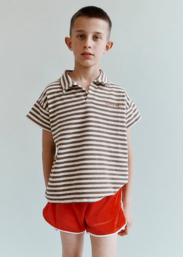 Caramel TOBIAS CHILDREN'S COTTON TOWELLING TOP - KHAKI AND ECRU STRIPE