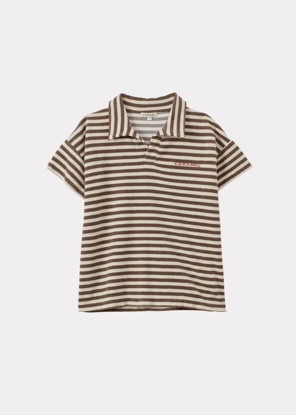 caramel TOBIAS CHILDREN'S COTTON TOWELLING TOP - KHAKI AND ECRU STRIPE