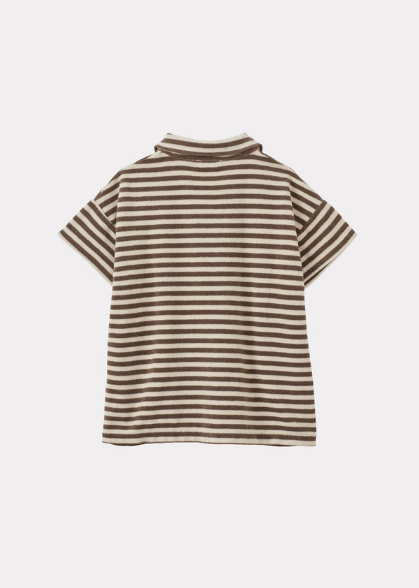 Caramel TOBIAS CHILDREN'S COTTON TOWELLING TOP - KHAKI AND ECRU STRIPE