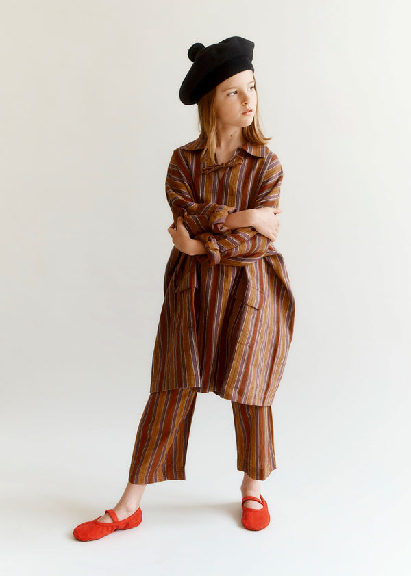 Caramel TOMATO GIRL'S COTTON DRESS - BROWN MULTI-STRIPE