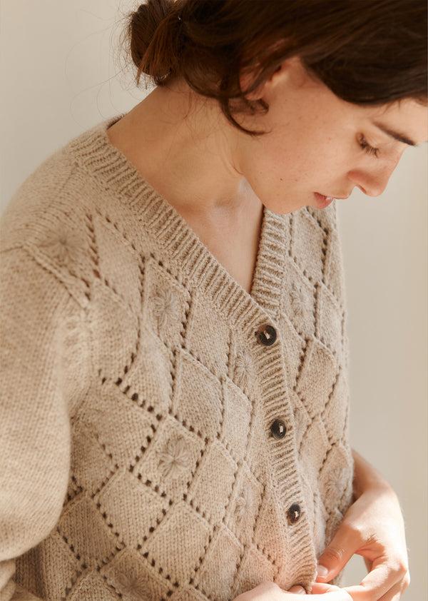 Caramel WOMAN EYELET DIAMOND EMBROIDERED CARDIGAN - STONE