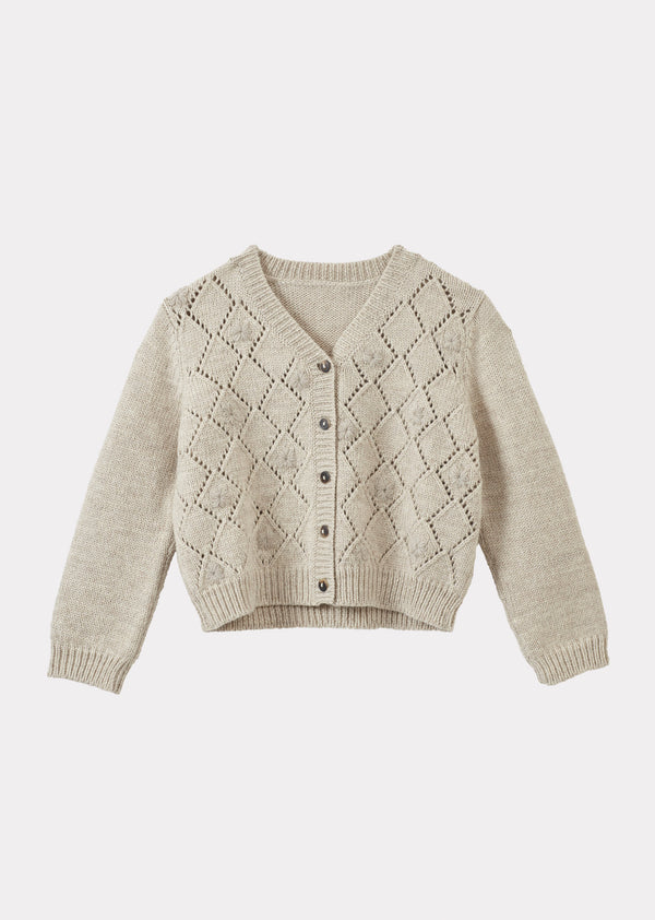 caramel WOMAN EYELET DIAMOND EMBROIDERED CARDIGAN - STONE